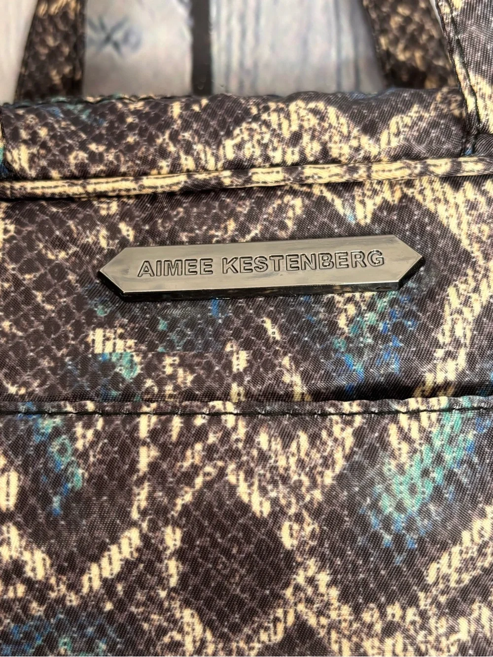 Aimee Kestenberg Blue Tan Snakeskin Print Hanging Travel Toiletry Cosmetic Bag